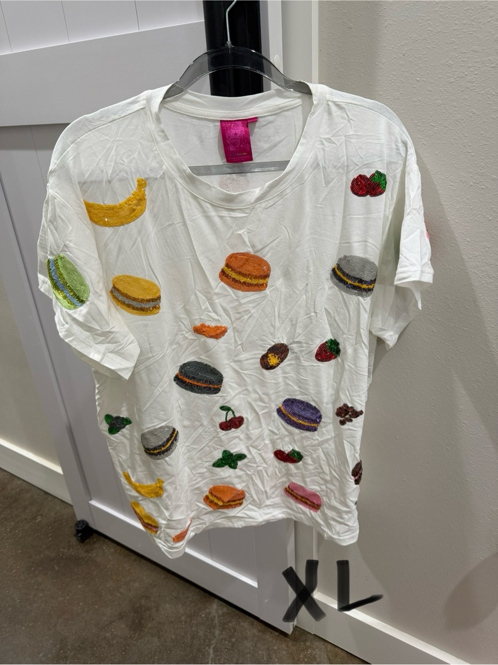 Queen of sparkles  White Embroidered Fruit & Macaron Tee